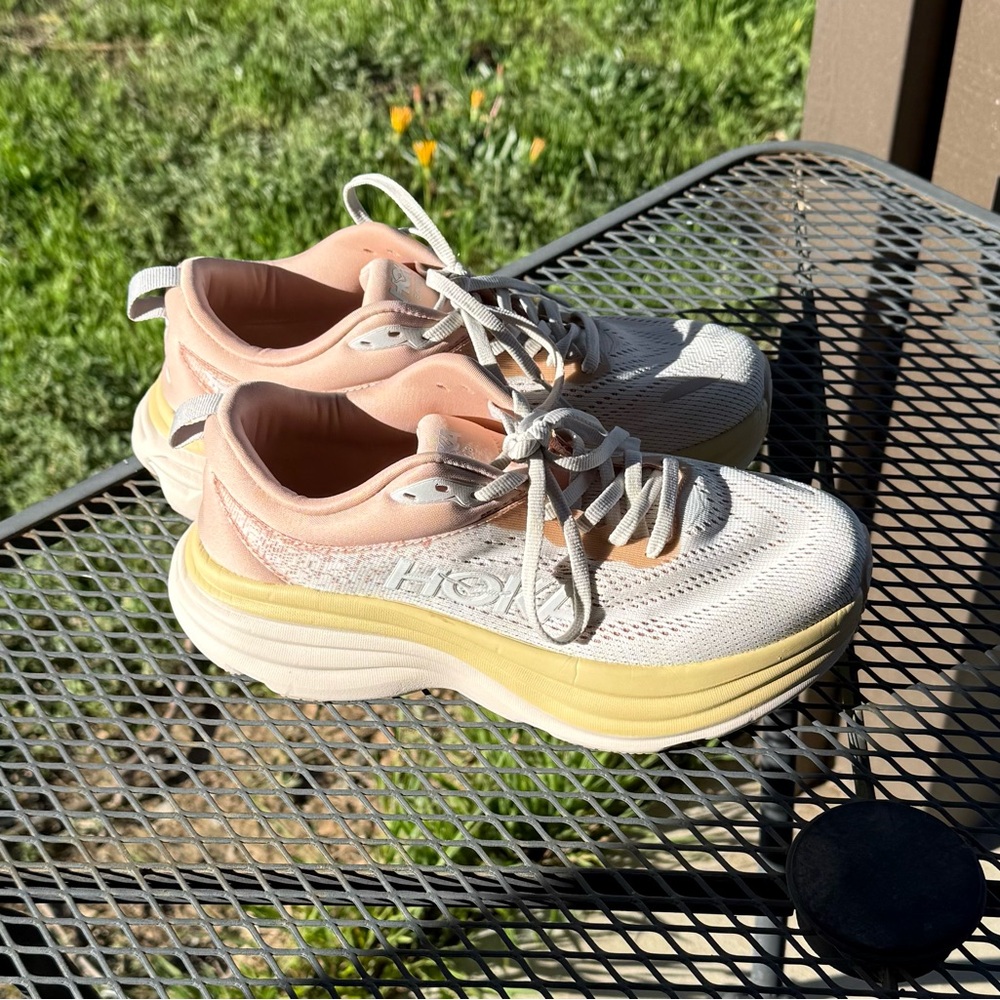 Hoka Bondi 8 White and Pink Athletic Shoes with Platform Sole 6.5.